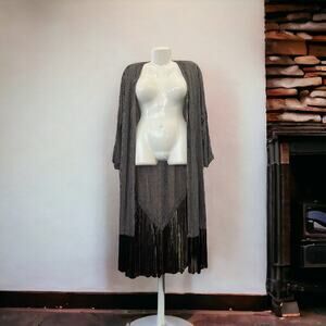 Sterling Styles Women's Black/Cream Striped Fringe Hem Duster/ Kimono | One Size